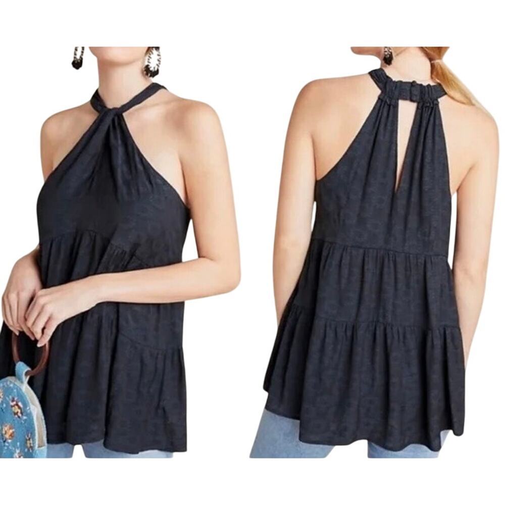 ANTHROPOLOGIE Lavinia Black Halter Keyhole Tiered Top Blouse Dark Fairy - Sz S